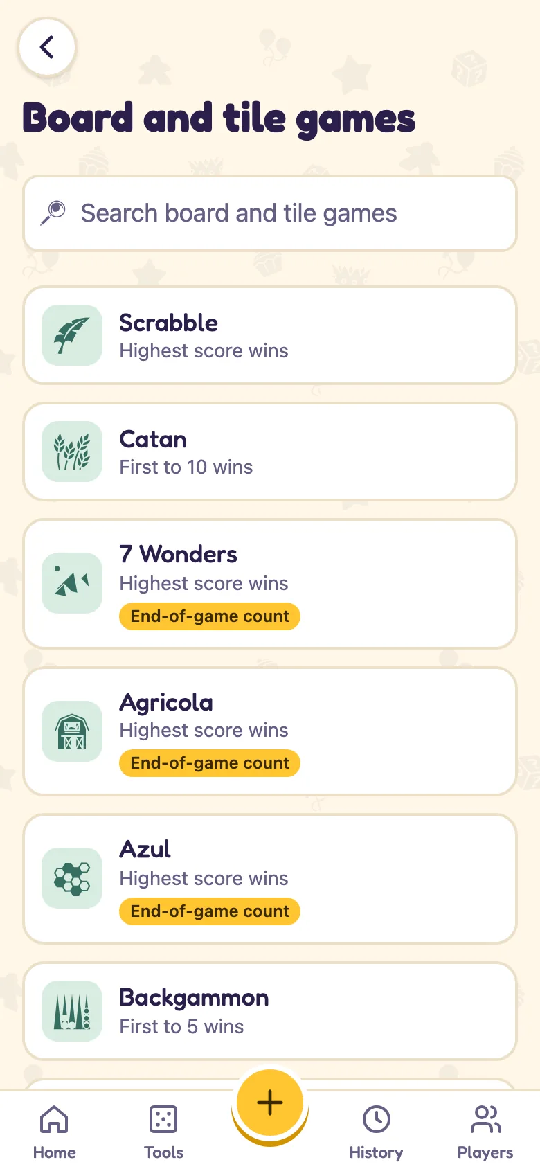 Choosing a game in Scorra: Catan, Scrabble, Uno, Yahtzee and more.