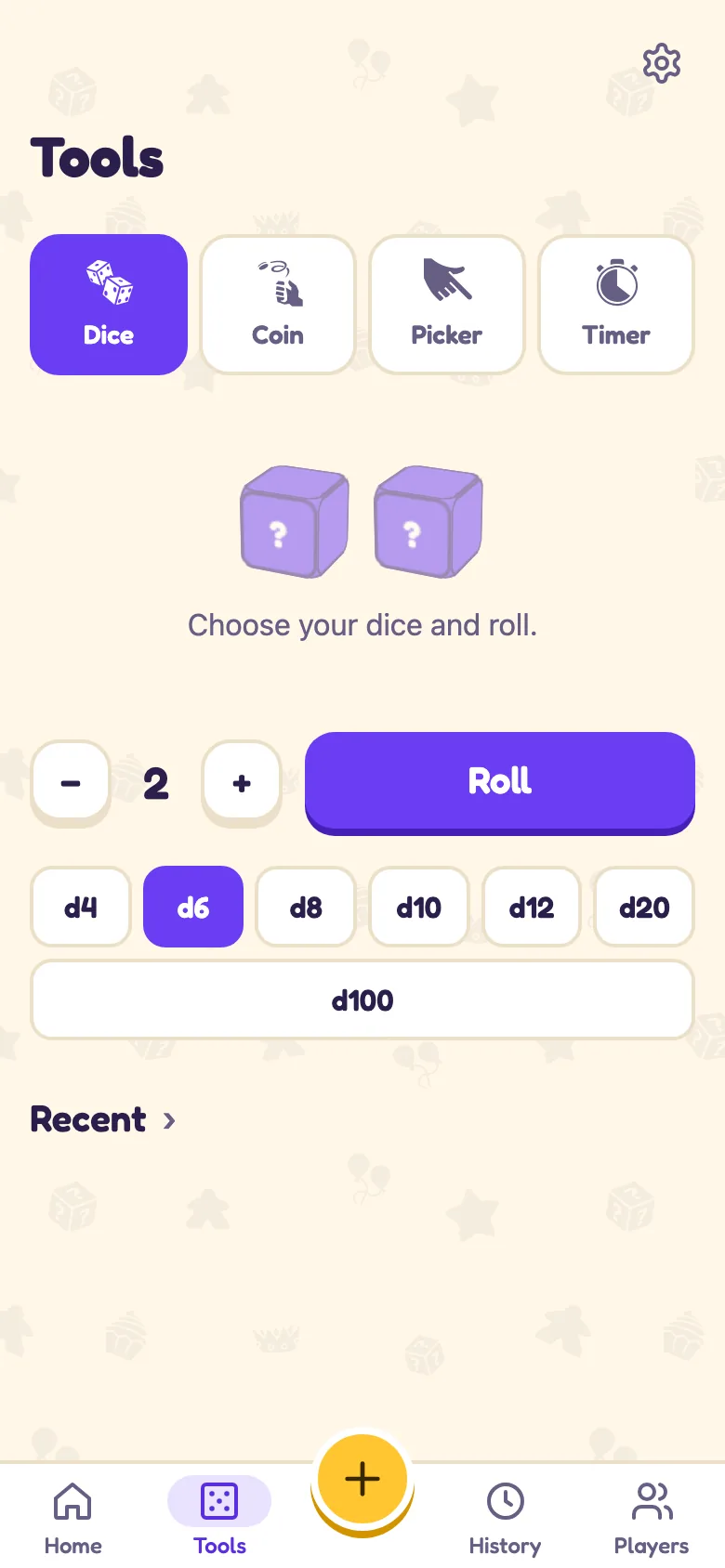 Scorra's tools: dice, a coin, a picker and a timer.