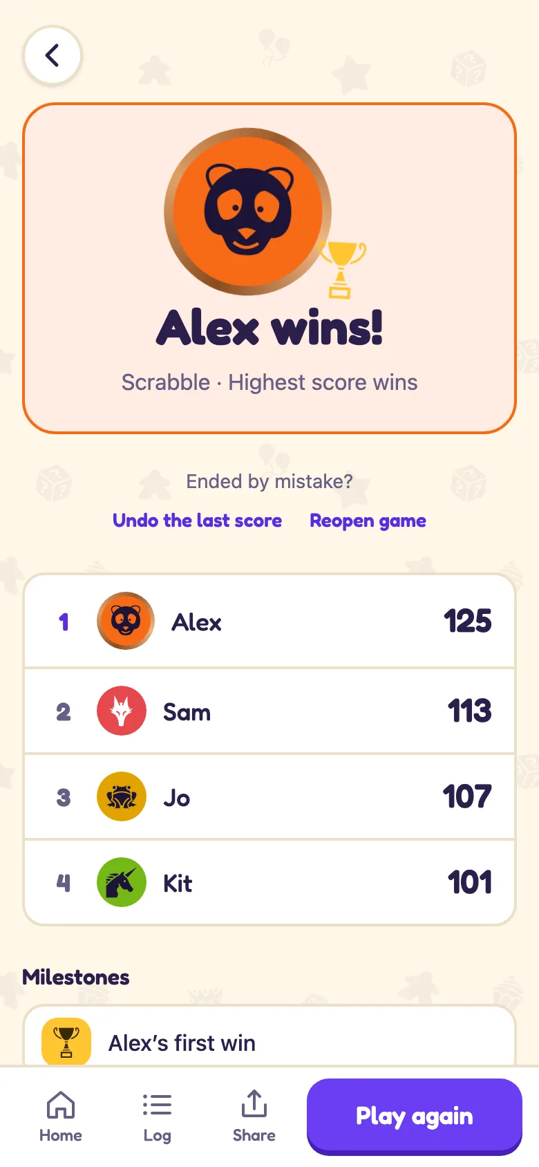 A finished game: the winner, the places and how it went.
